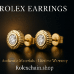 Pair of Rolex-inspired gold stud earrings with fluted bezel design and diamond centers on a glossy black surface — Rolexchain.shop.