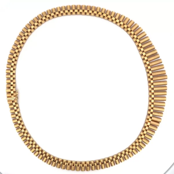 Rolex Link Chain choker necklace in 14k yellow gold with a brushed satin finish, luxury collar jewelry for women.