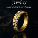 Luxury gold Rolex-inspired ring with diamond accents on a dark reflective background.